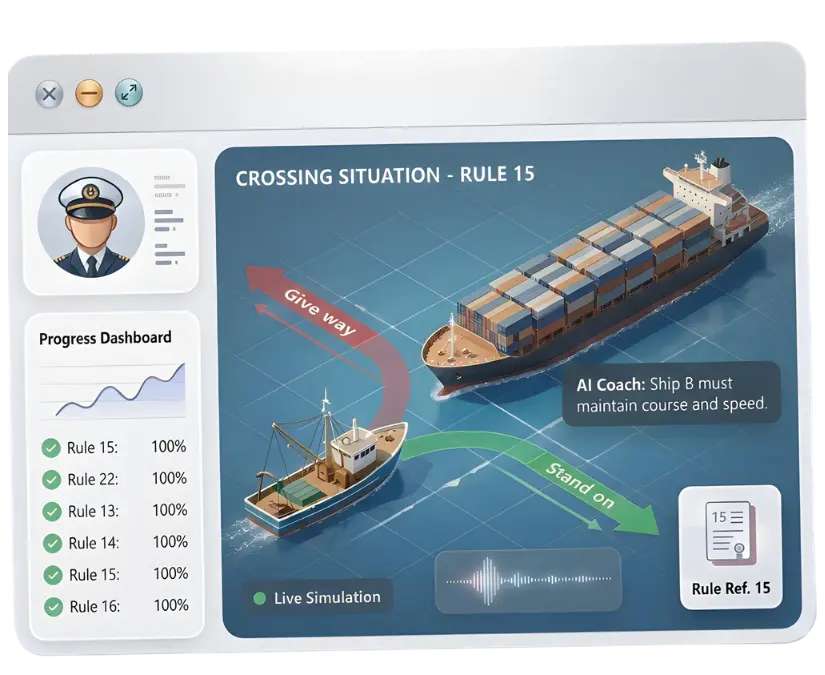 COLREG Rule 15 crossing situation simulation with AI coach